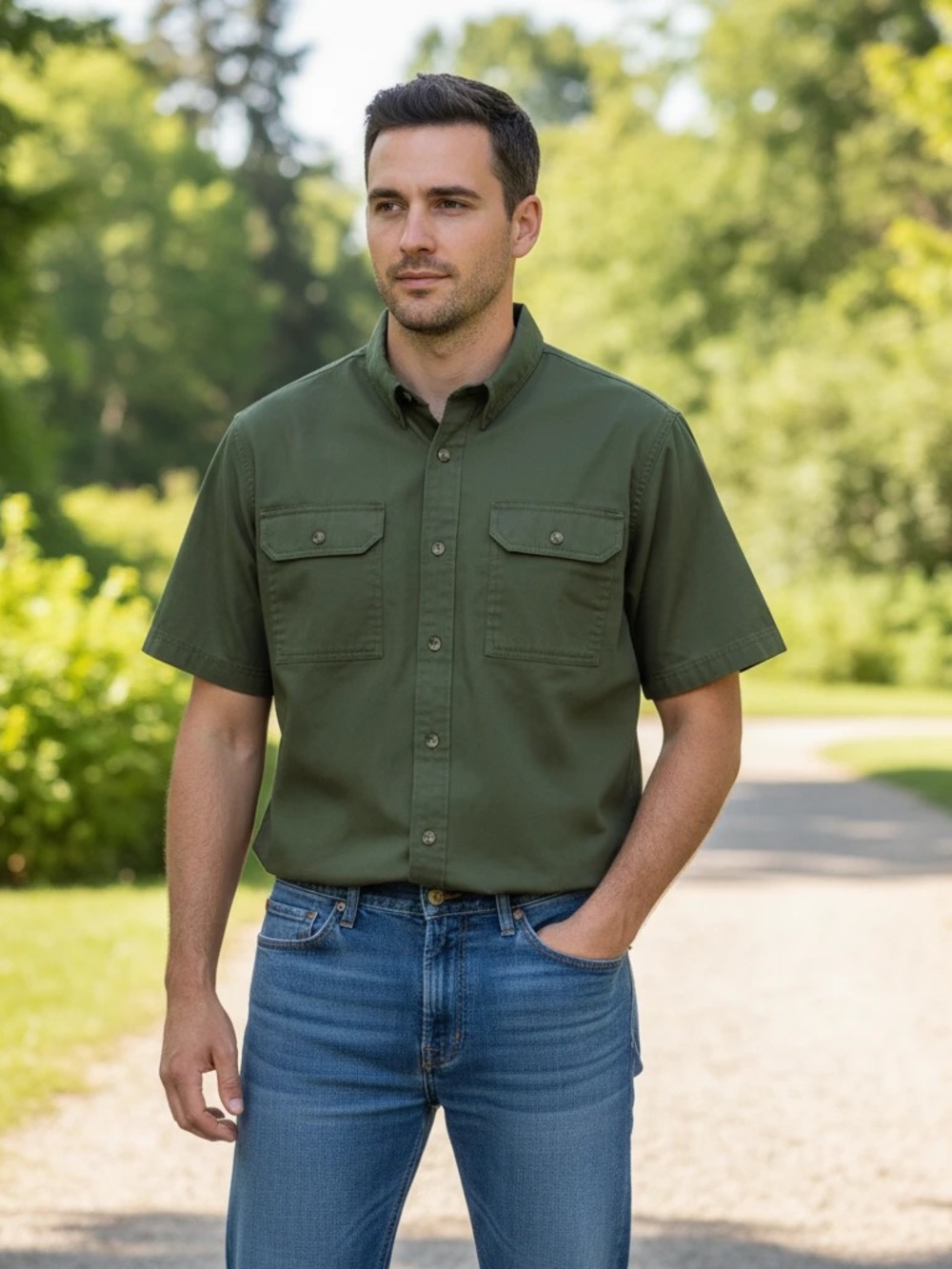 Wrangler Men's Short-Sleeve Button-Down Shirt in Olive, Size Large